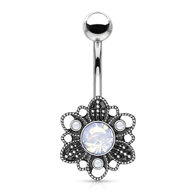 Nabas pīrsinga stienītis ar antīku ziedu un opalītu