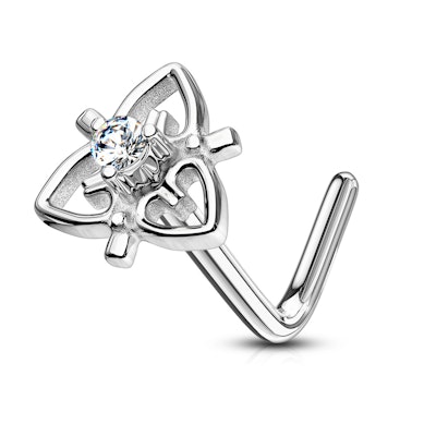 Deguna nagliņa L-formā ar filigrānu sirdi un kristālu