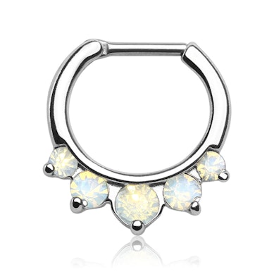 Septum pīrsings ar lieliem opāla krāsas kristāliem