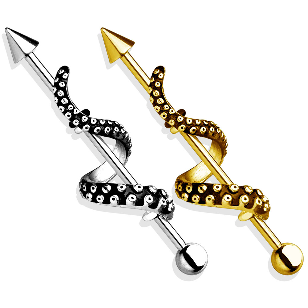 Industriālais pīrsings ar harpūnu un taustekli