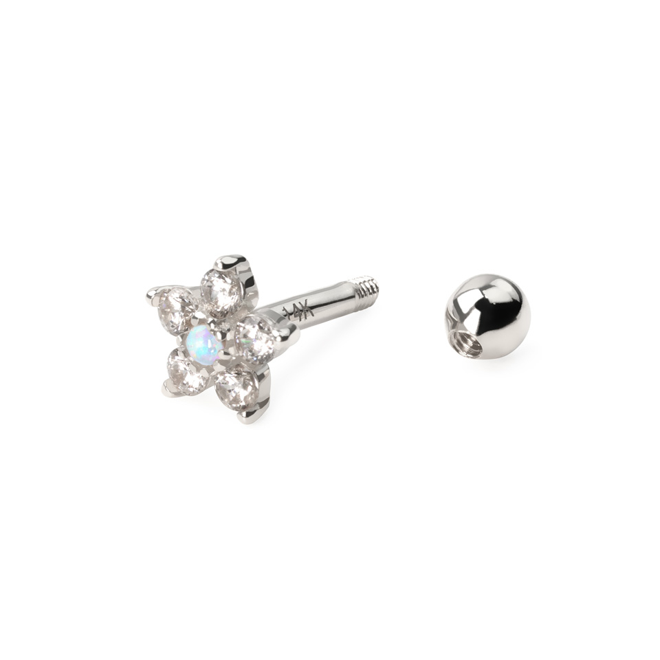 Auss pīrsinga stienītis no 14K zelta ar ziedu un sintētisko opālu