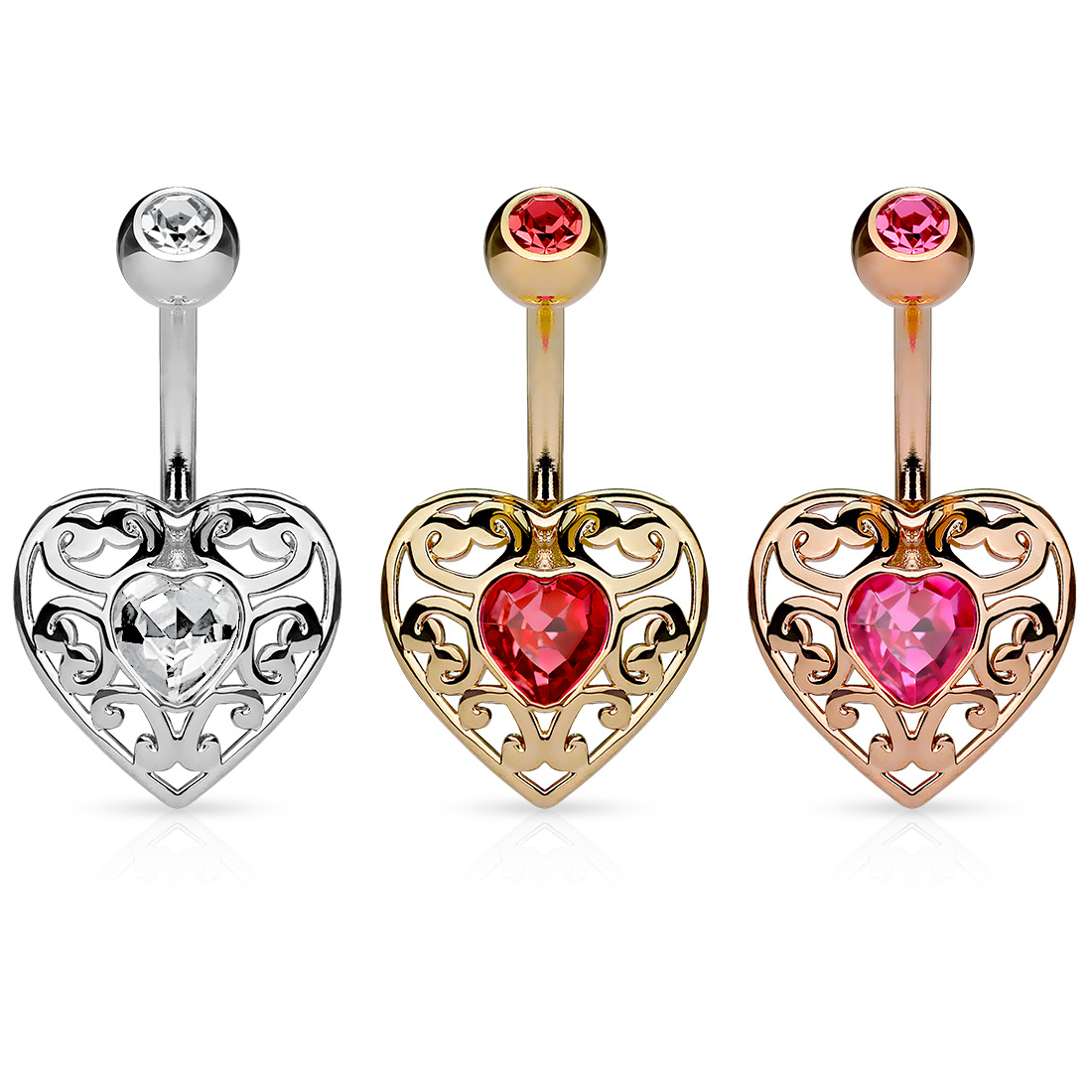 Nabas pīrsings sirds formā ar sirds formas kristālu