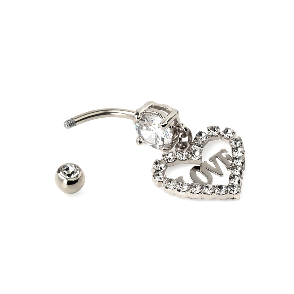 Nabas pīrsings ar sirds formas kristālu un tekstu love