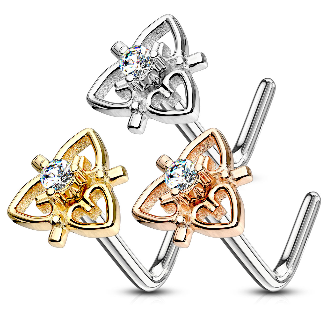 Deguna nagliņa L-formā ar filigrānu sirdi un kristālu