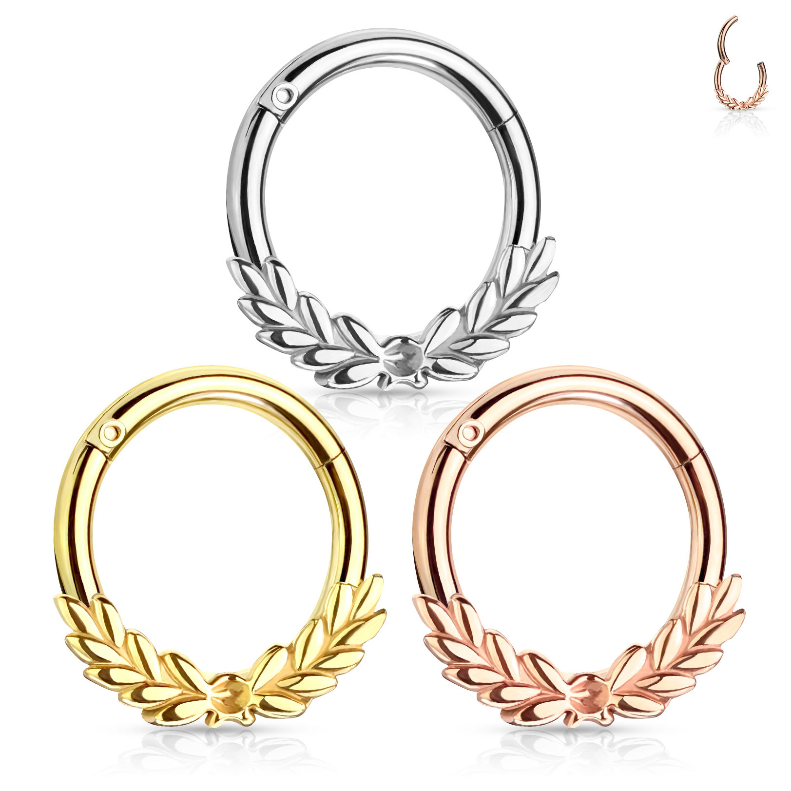 Pīrsinga gredzens ar eņģīti un lauru lapu loku