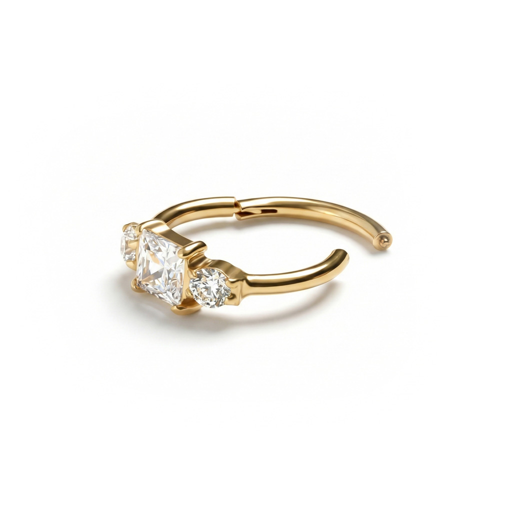 Pīrsingu gredzens no titāna ar eņģīti un trīs cirkonijiem