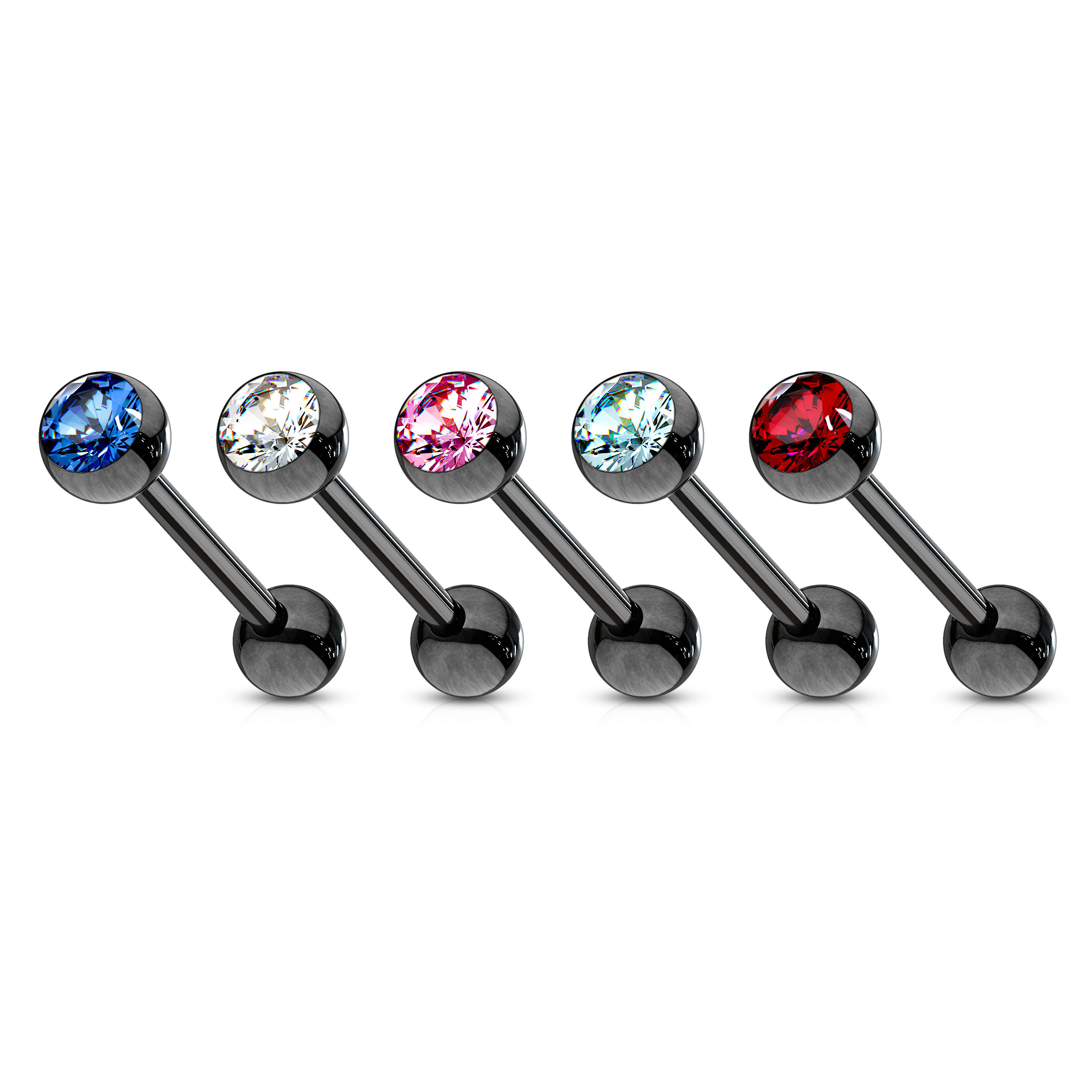 Mēles pīrsinga stienītis melnā krāsā ar krāsainu kristālu